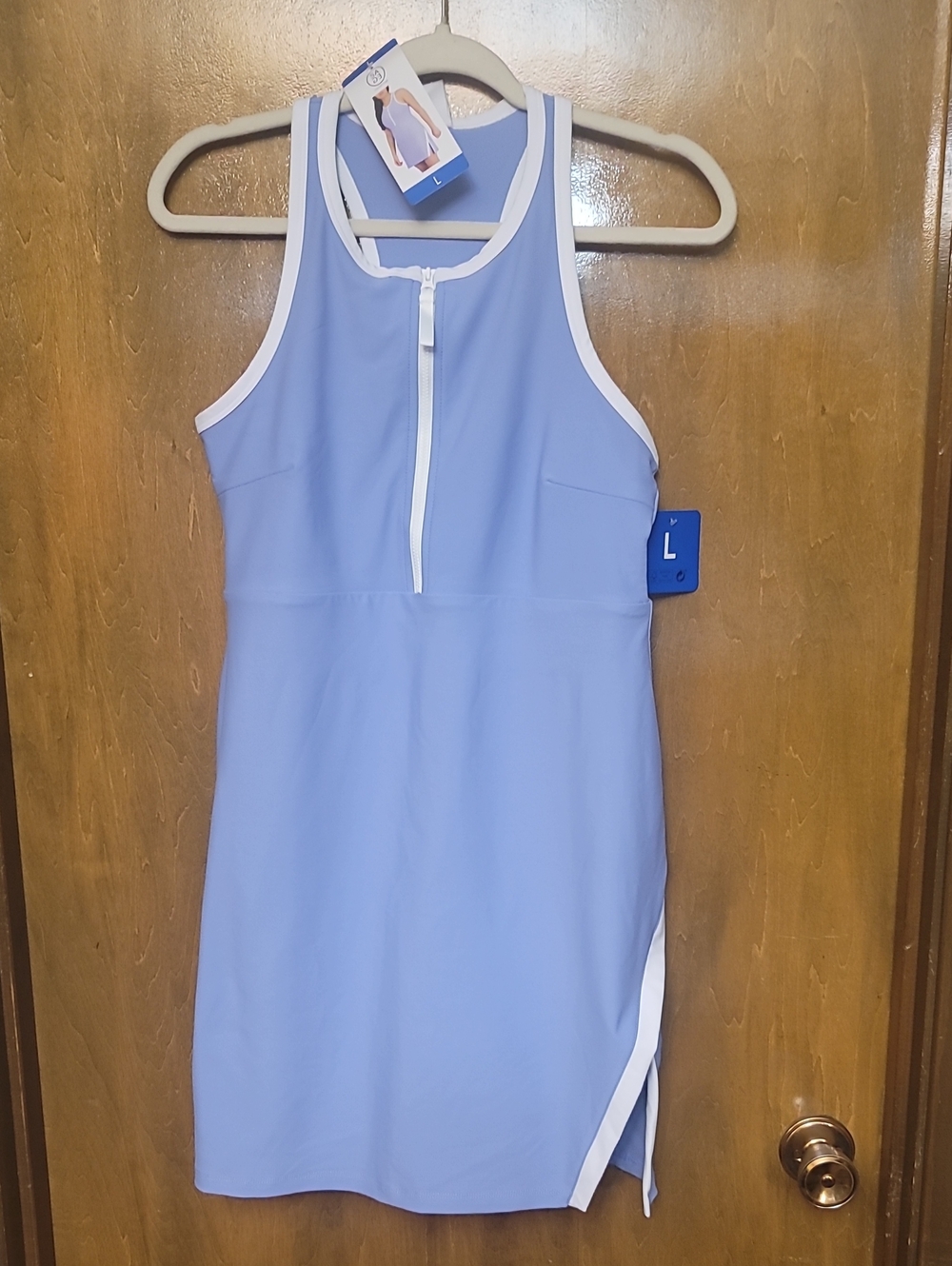 Light Blue Zip-Front Racerback Mini Dress with White Trim Size LARGE